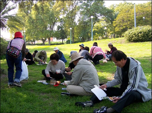 공원 잔디밭에서 한식 도시락으로 맛있는 점심 